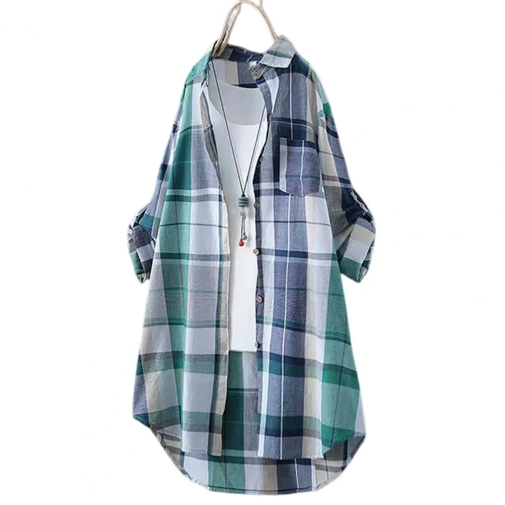 Summer Fashion Women's Loose Casual Plaid Printed Turn-down Collar Blouse Long Sleeve Shirt Jacket Cardigan Cover-Up Top Outwear