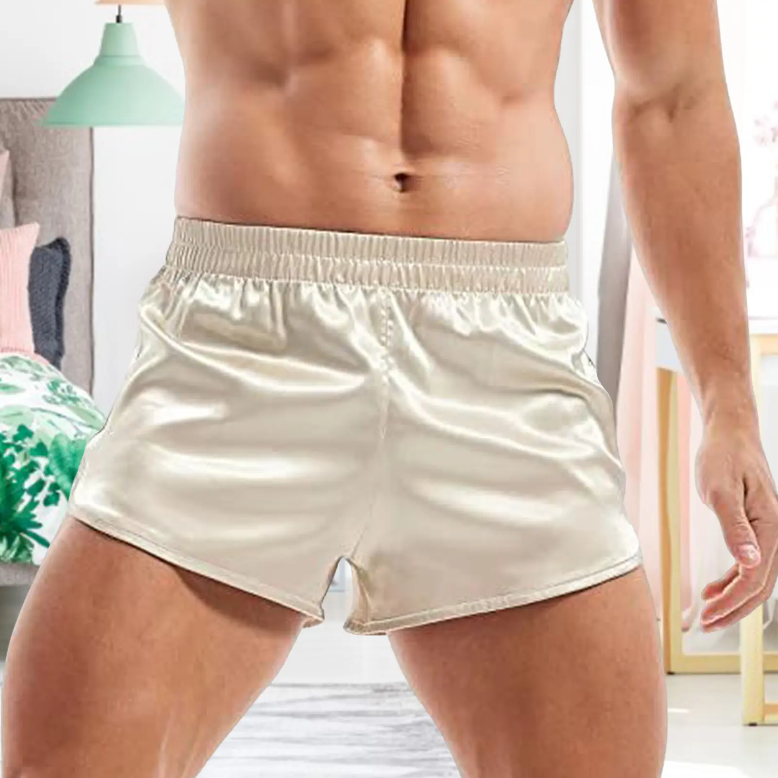 Summer Men Fashion Homewear Robes Shorts Pure Color Silk Satin Pajama Sleepwear Loungewear Underwear