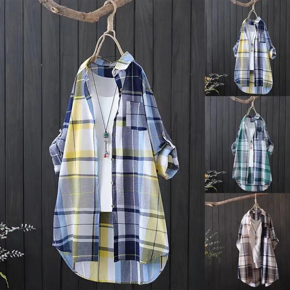 Summer Fashion Women's Loose Casual Plaid Printed Turn-down Collar Blouse Long Sleeve Shirt Jacket Cardigan Cover-Up Top Outwear