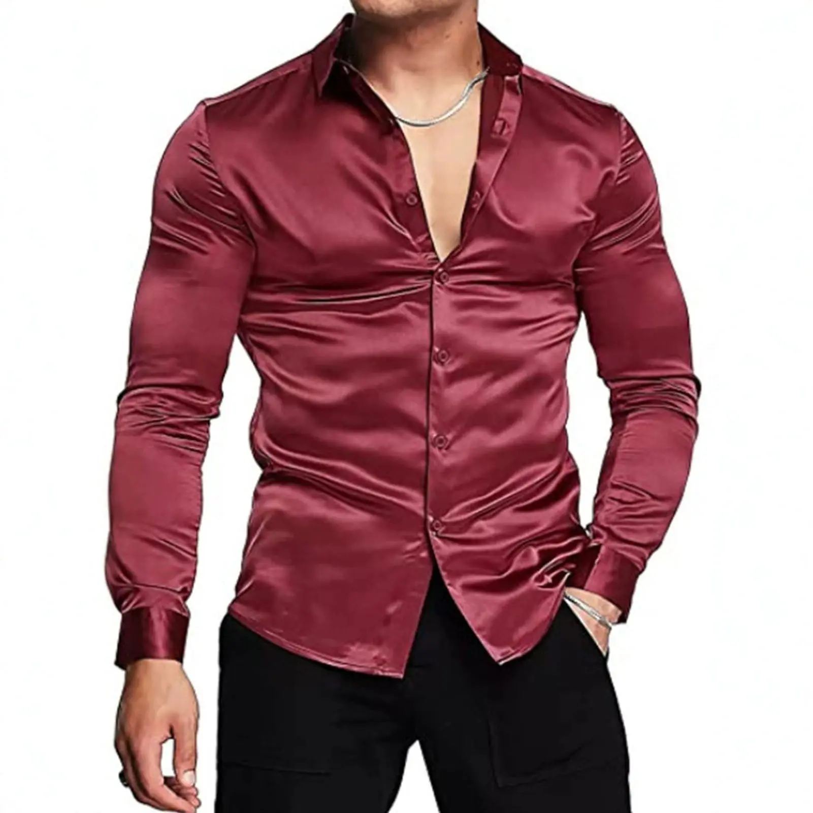 Pink Silk Satin Luxury Dress Shirt Men 2023 New Slim Long Sleeve Tuxedo Shirt Male Wedding Club Party Dance Prom Camisas