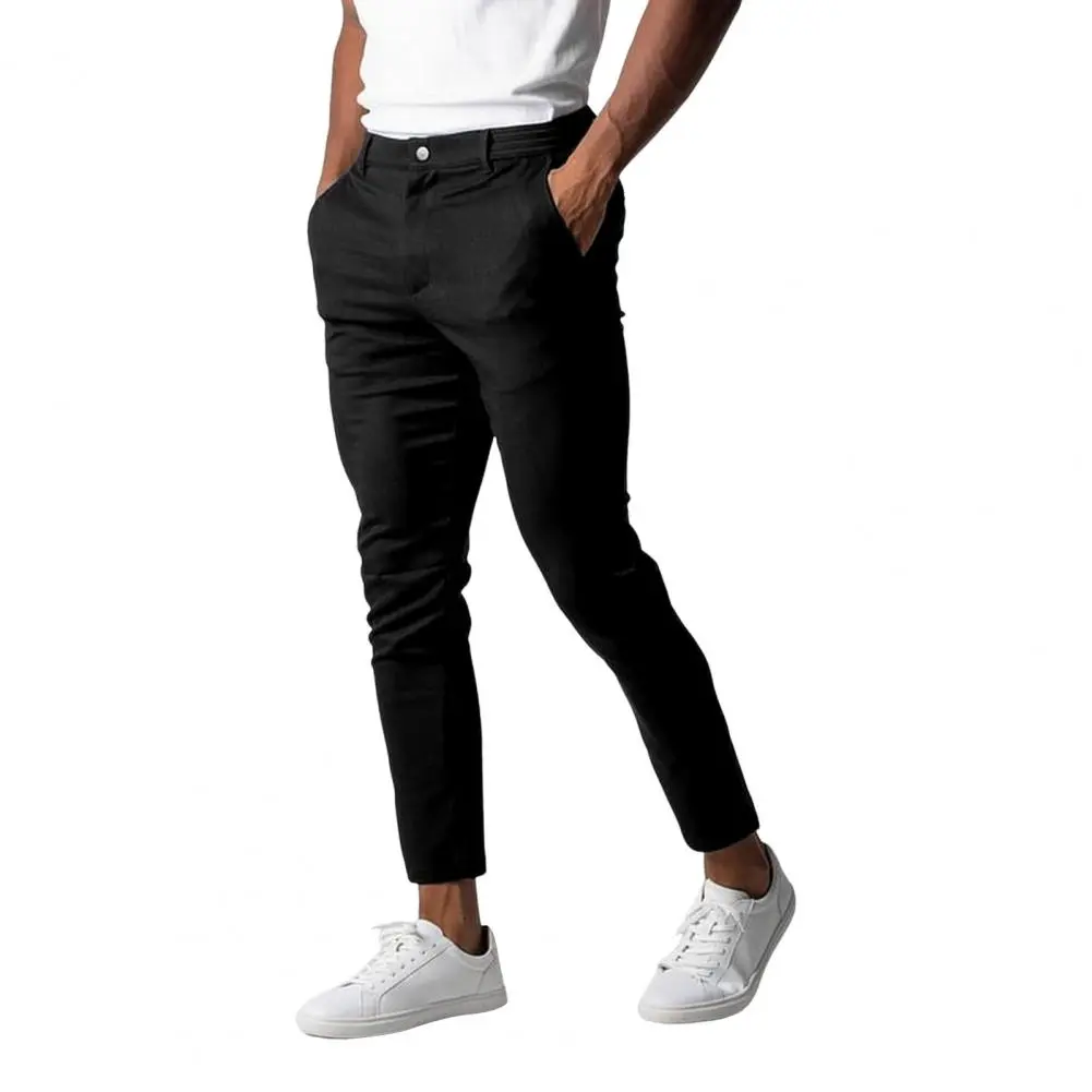 Solid Color Pants Elegant Slim Fit Men's Business Trousers with Elastic Waist Button Closure Pockets Solid Color for Comfort