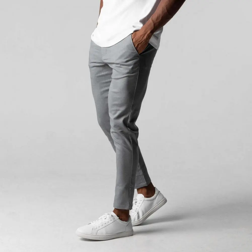 Solid Color Pants Elegant Slim Fit Men's Business Trousers with Elastic Waist Button Closure Pockets Solid Color for Comfort