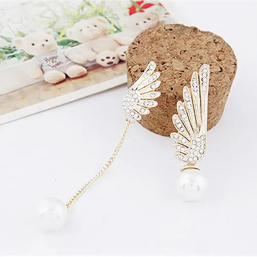Women Chic Dangle Earrings Angel Wing Rhinestones Faux Pearl Dangle Asymmetric Earrings Eardrops aretes de mujer серьги гвоздики