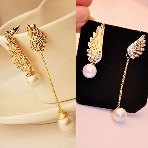 Women Chic Dangle Earrings Angel Wing Rhinestones Faux Pearl Dangle Asymmetric Earrings Eardrops aretes de mujer серьги гвоздики