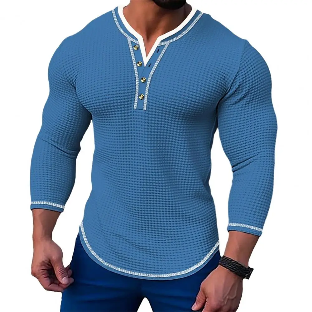 New Men's Waffle Solid color T-shirt Long sleeve V-cardigan Henry Neck Tee Tops Spring Autumn Casual Comfort Elastic Shirt
