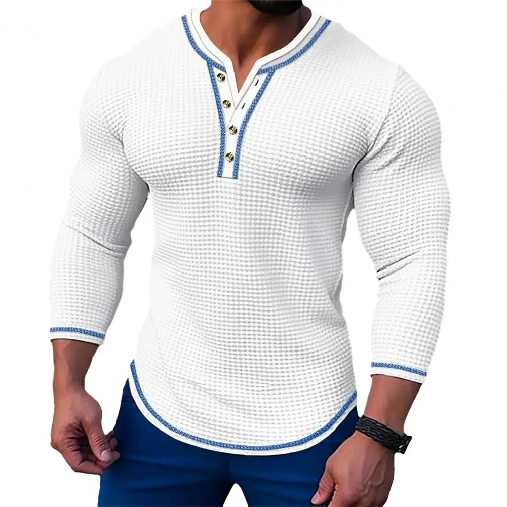 New Men's Waffle Solid color T-shirt Long sleeve V-cardigan Henry Neck Tee Tops Spring Autumn Casual Comfort Elastic Shirt