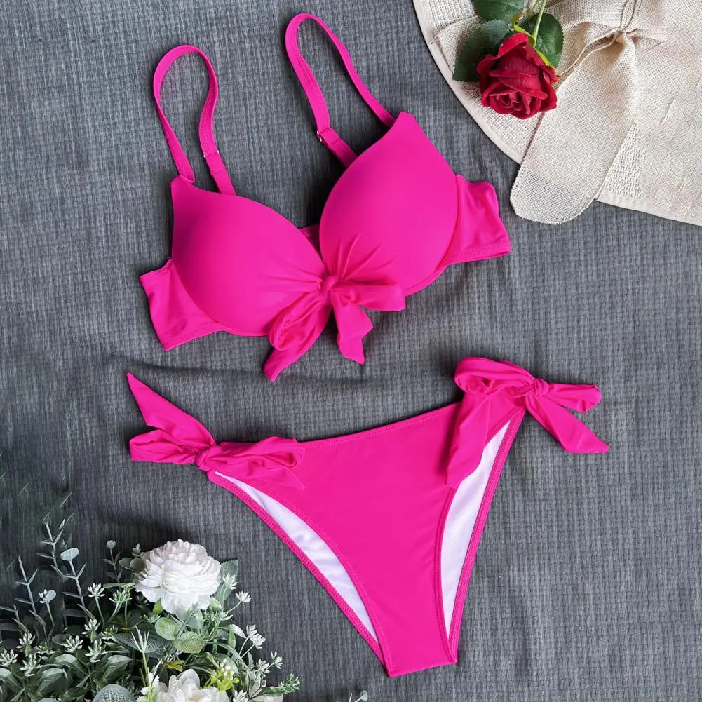 sexy front bow knot push up bikinis two pieces solid swimsuit tie bikini swimsuit Swimwear Biquini conjunto de bikini tankini