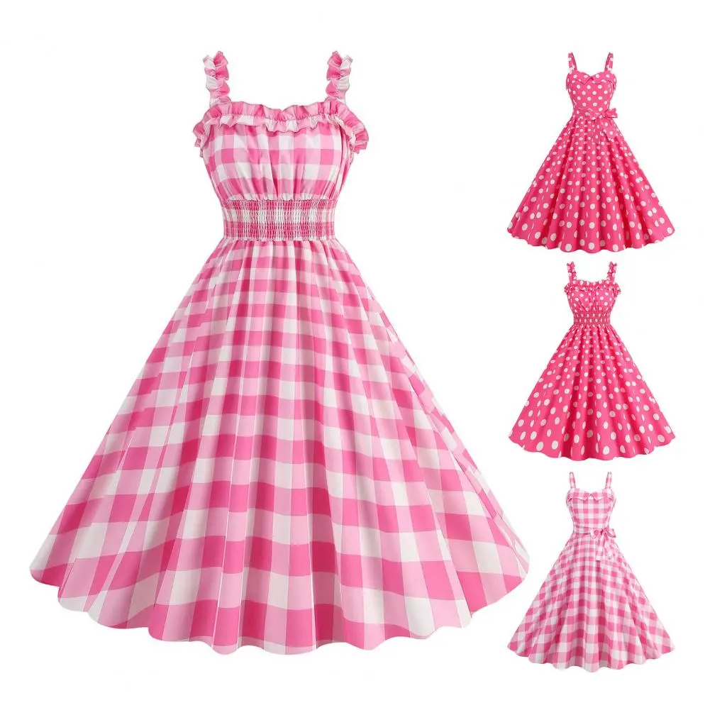 Women Vintage Barbiee Pink Plaid Dress Retro Rockabilly Strap Suspenders Cocktail Party 1950s 40s Swing Dress Summer Dresses