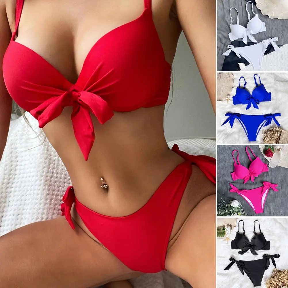 sexy front bow knot push up bikinis two pieces solid swimsuit tie bikini swimsuit Swimwear Biquini conjunto de bikini tankini