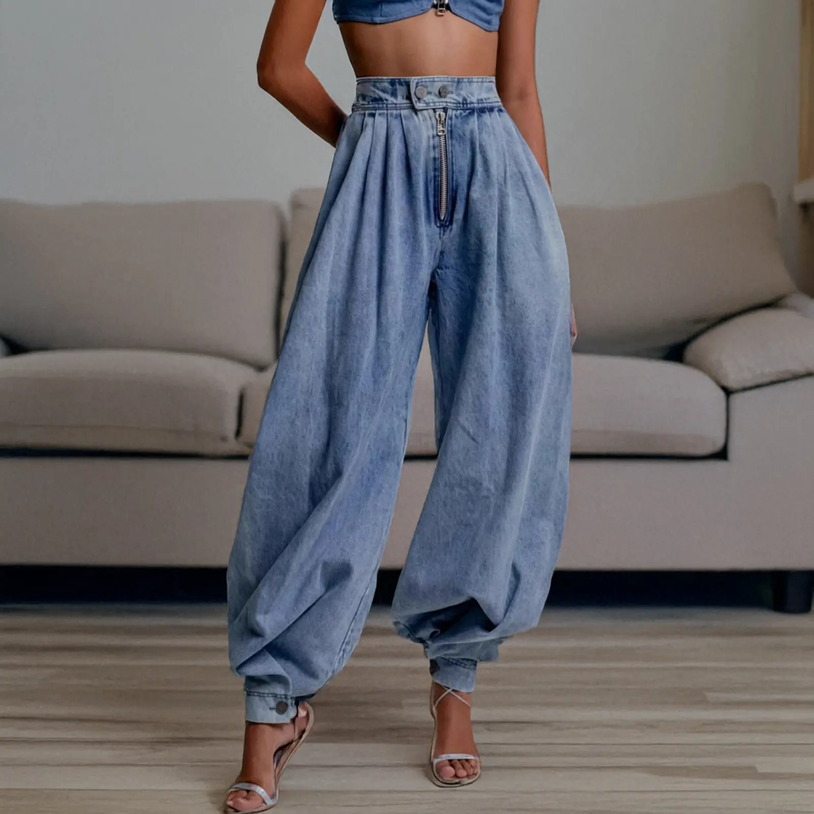 Lantern Pants Denim for Women 2025 Summer Autumn Retro Casual Baggy Harem Pants Soft High Waist Denim Bloomers