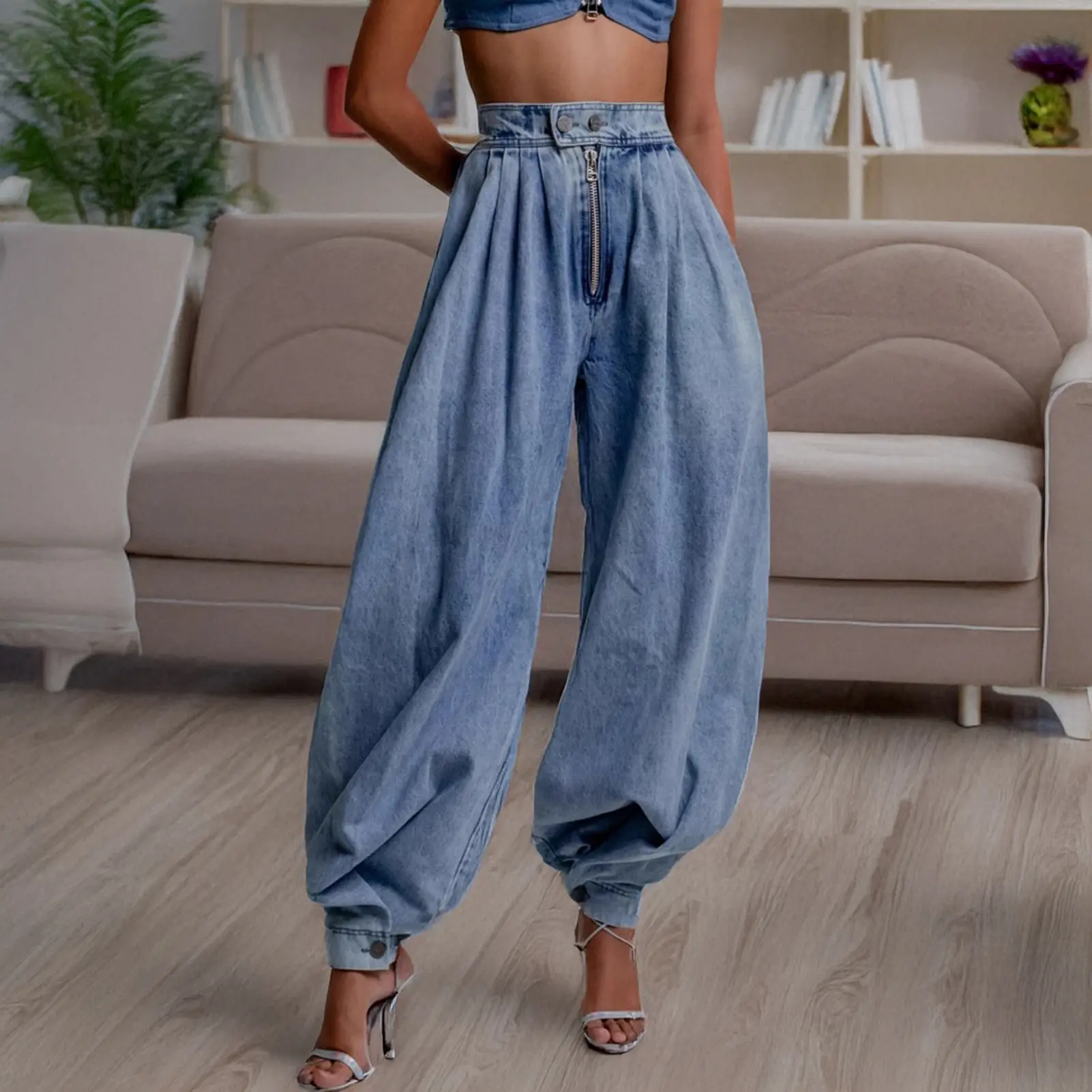 Lantern Pants Denim for Women 2025 Summer Autumn Retro Casual Baggy Harem Pants Soft High Waist Denim Bloomers