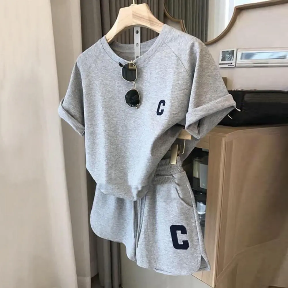 ﻿ 2025 2pcs Set Women Summer Loose Short Sleeve T-Shirt Casual Shorts Sports Print Letter Casual Suit Large Size Short Pajamas