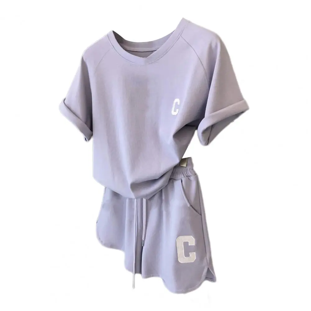 ﻿ 2025 2pcs Set Women Summer Loose Short Sleeve T-Shirt Casual Shorts Sports Print Letter Casual Suit Large Size Short Pajamas