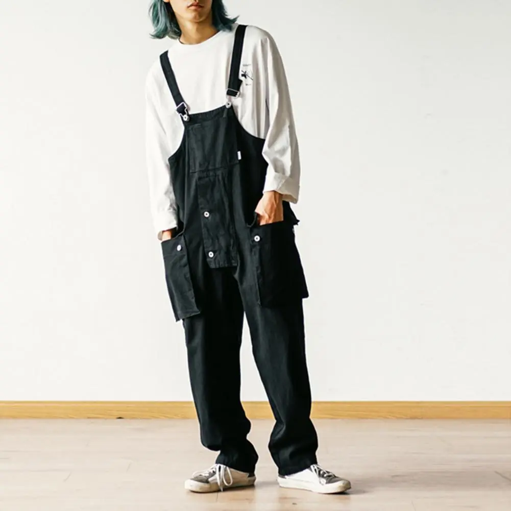 Fashion Men's Pants Washed Jumpsuit Plus Size Streetwear Solid Color Pockets Loose Suspenders Work Pants Cargo Pants