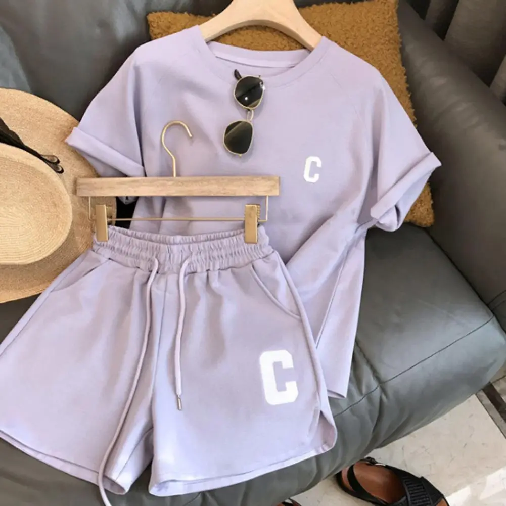 ﻿ 2025 2pcs Set Women Summer Loose Short Sleeve T-Shirt Casual Shorts Sports Print Letter Casual Suit Large Size Short Pajamas