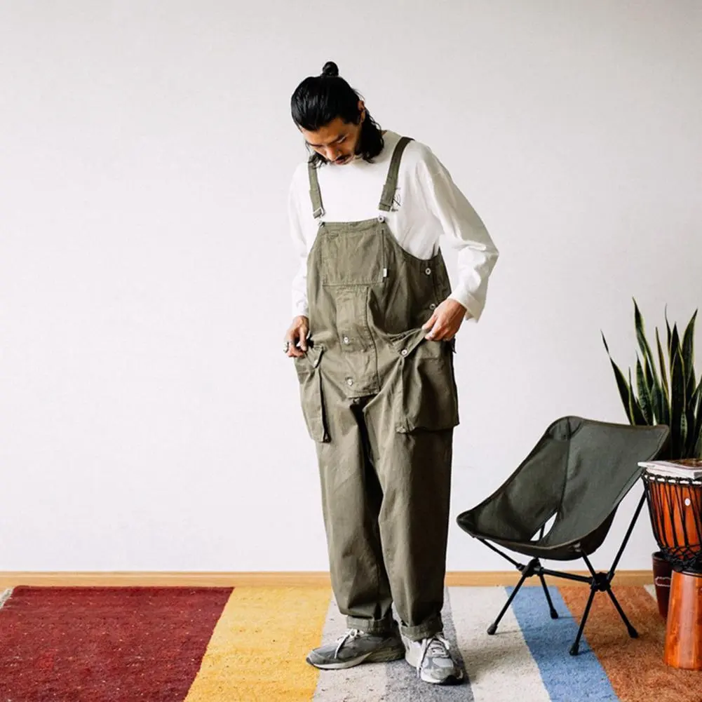 Fashion Men's Pants Washed Jumpsuit Plus Size Streetwear Solid Color Pockets Loose Suspenders Work Pants Cargo Pants