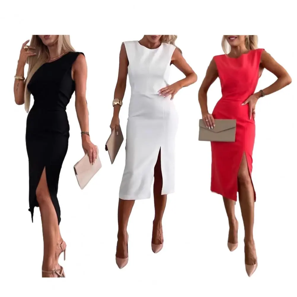 Fashion Summer Dresses 2025 Womens Dresses Bodycon Sleeveless Mini Dress White Red Black Dress Vacation Dresses Split