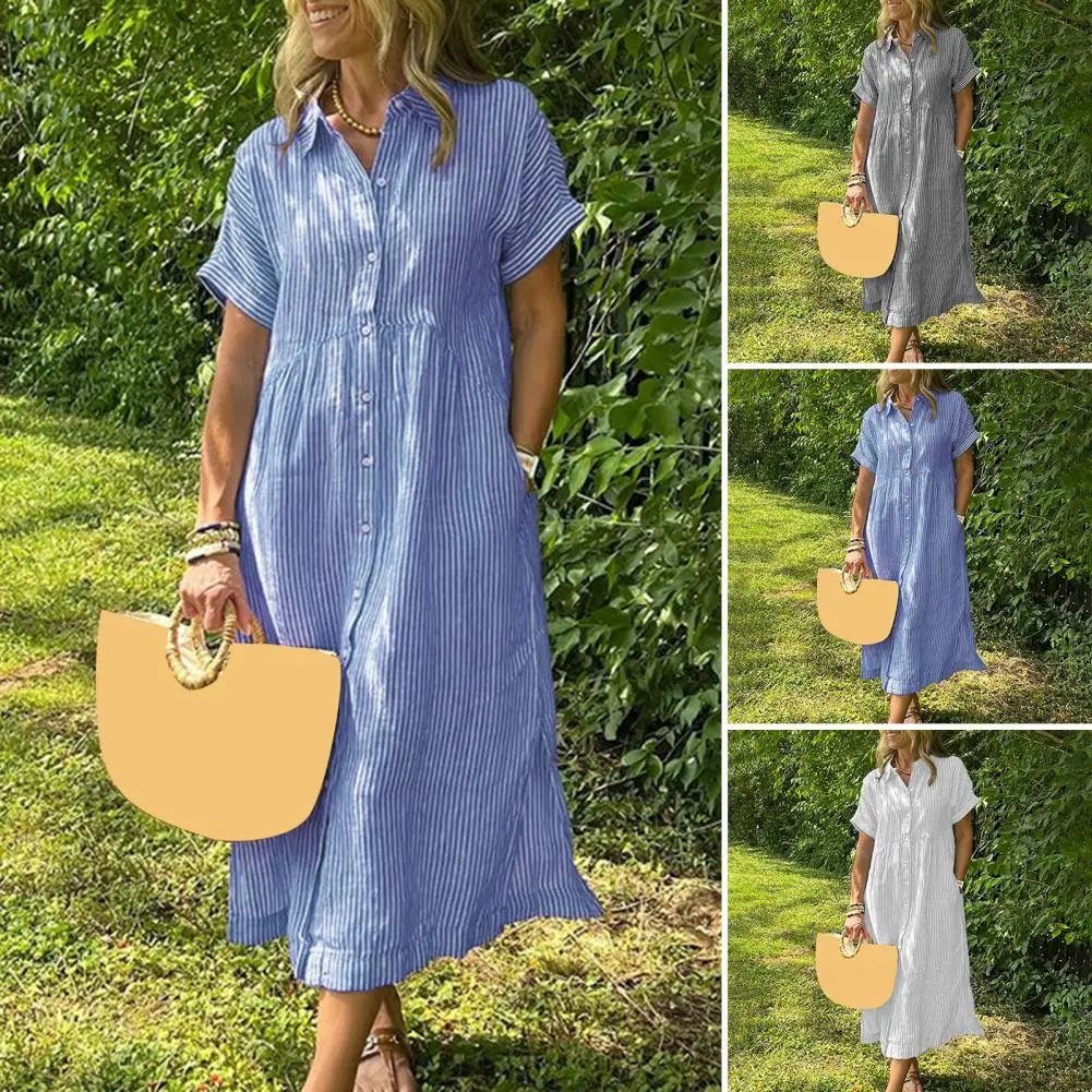 Women White V-Neck Beach Dress Solid Summer A-Line Short Sleeve Shirt Dress Casual Loose Pocket Sundress Holiday Baggy Long Robe