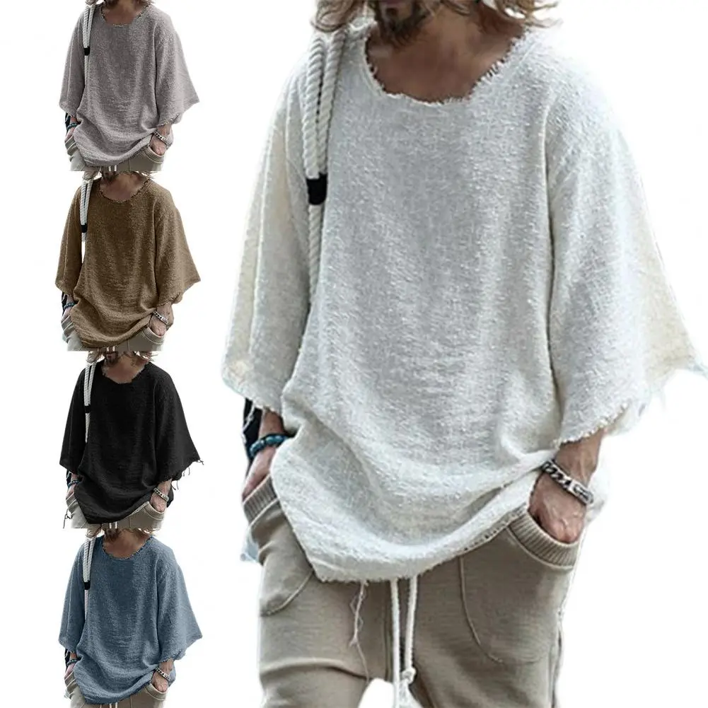New Men's Linen Half Sleeve O-neck T Shirt Solid Color Oversize Casual Shirt Plus Size Streetwear  Shirts for Men
