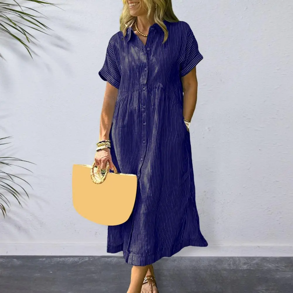 Women White V-Neck Beach Dress Solid Summer A-Line Short Sleeve Shirt Dress Casual Loose Pocket Sundress Holiday Baggy Long Robe