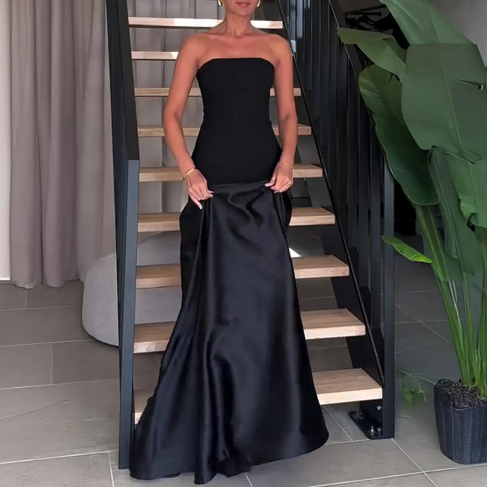 Black Backless Long Dress Women Casual Loose Strapless High Waist Vestidos 2025 Chic Summer Lady Vacation Street Robe