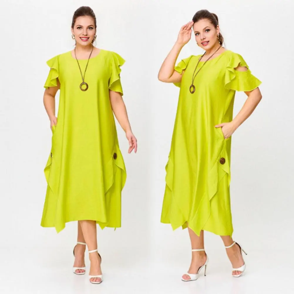 Lightweight Dress Elegant Round Neck Midi Dress with Ruffle Sleeves Pockets Loose Cut Solid Color Mid-calf Dress for Women