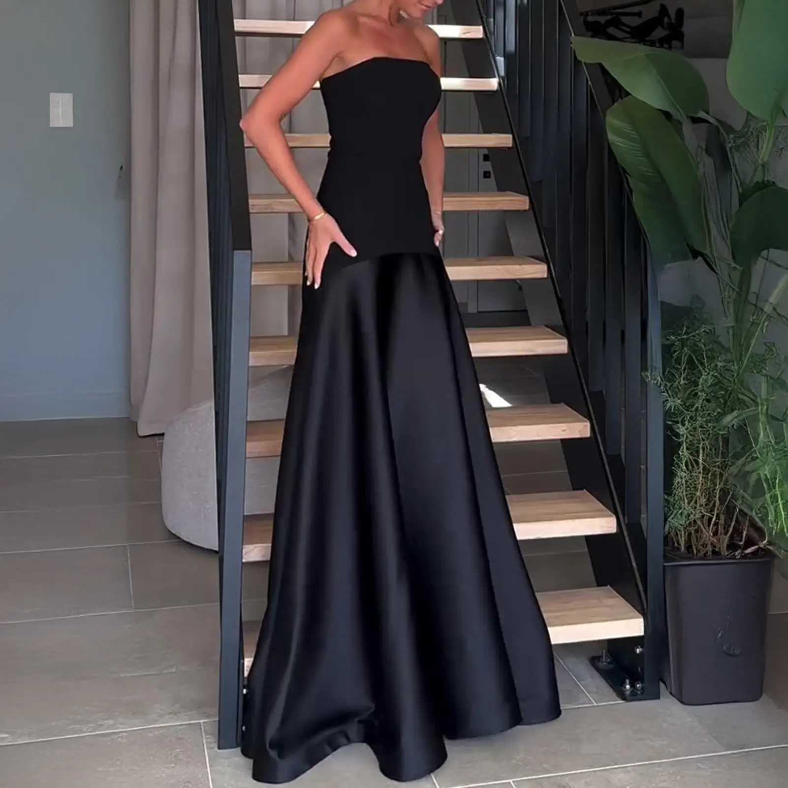 Black Backless Long Dress Women Casual Loose Strapless High Waist Vestidos 2025 Chic Summer Lady Vacation Street Robe