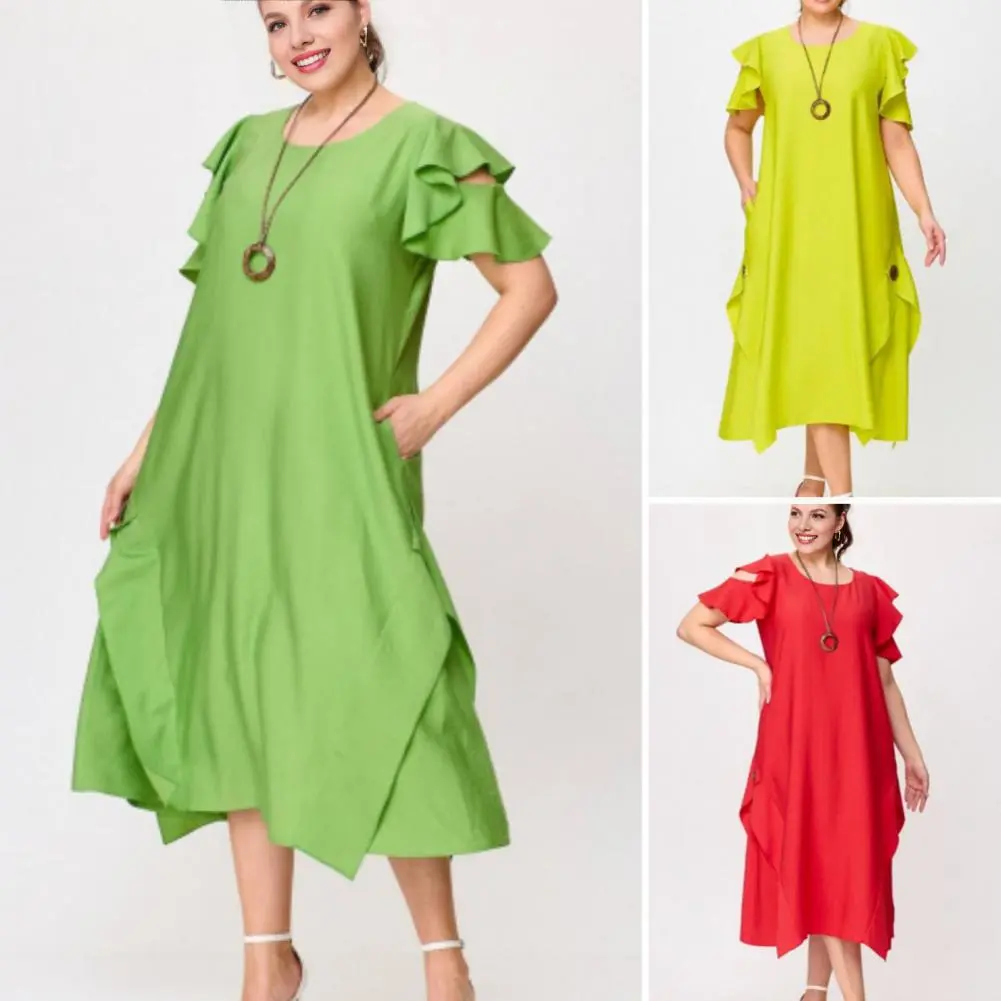 Lightweight Dress Elegant Round Neck Midi Dress with Ruffle Sleeves Pockets Loose Cut Solid Color Mid-calf Dress for Women