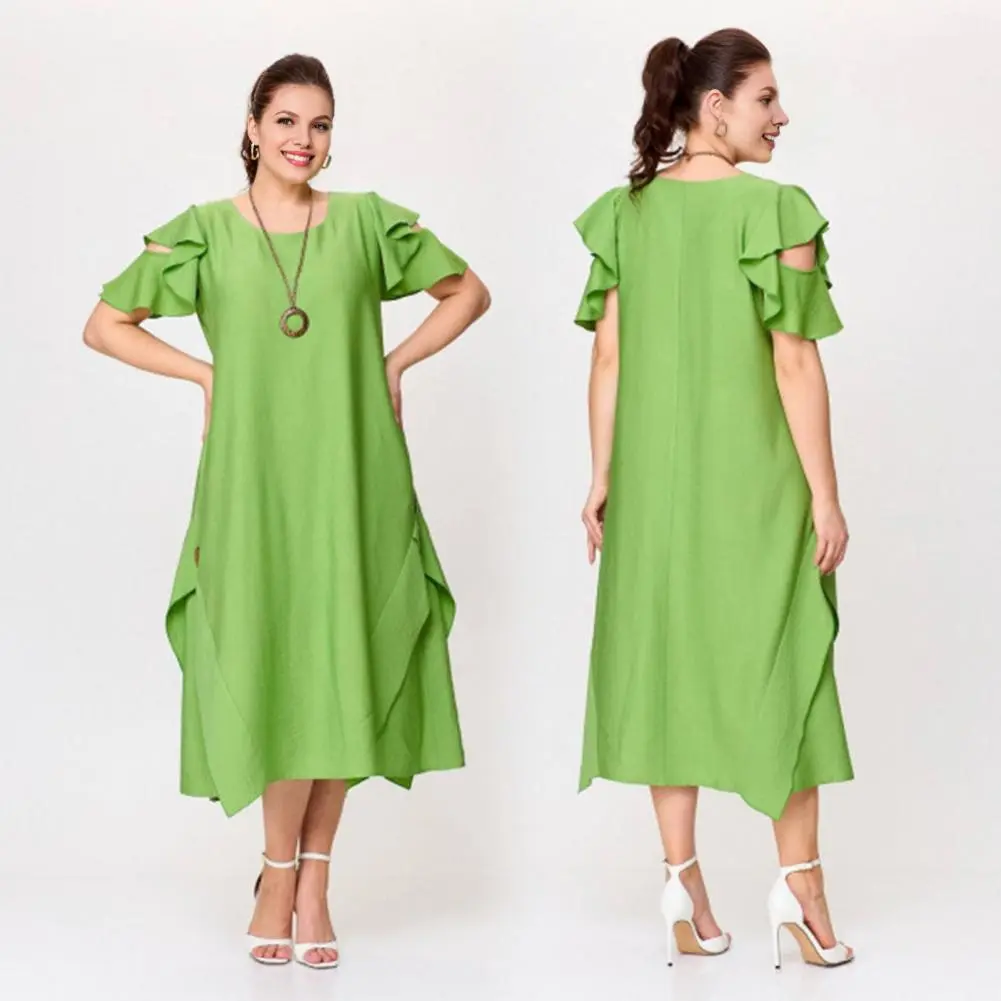 Lightweight Dress Elegant Round Neck Midi Dress with Ruffle Sleeves Pockets Loose Cut Solid Color Mid-calf Dress for Women
