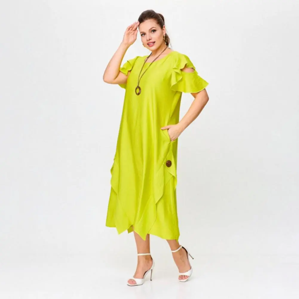 Lightweight Dress Elegant Round Neck Midi Dress with Ruffle Sleeves Pockets Loose Cut Solid Color Mid-calf Dress for Women