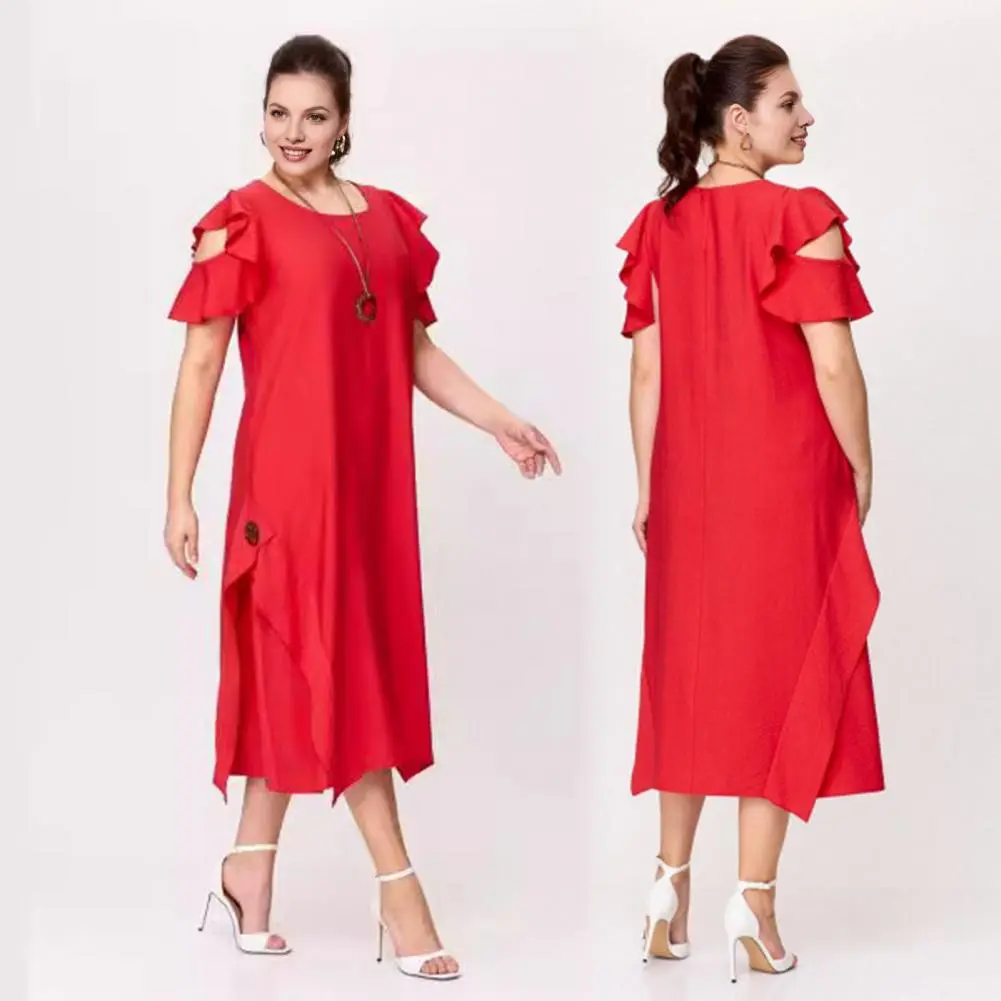 Lightweight Dress Elegant Round Neck Midi Dress with Ruffle Sleeves Pockets Loose Cut Solid Color Mid-calf Dress for Women