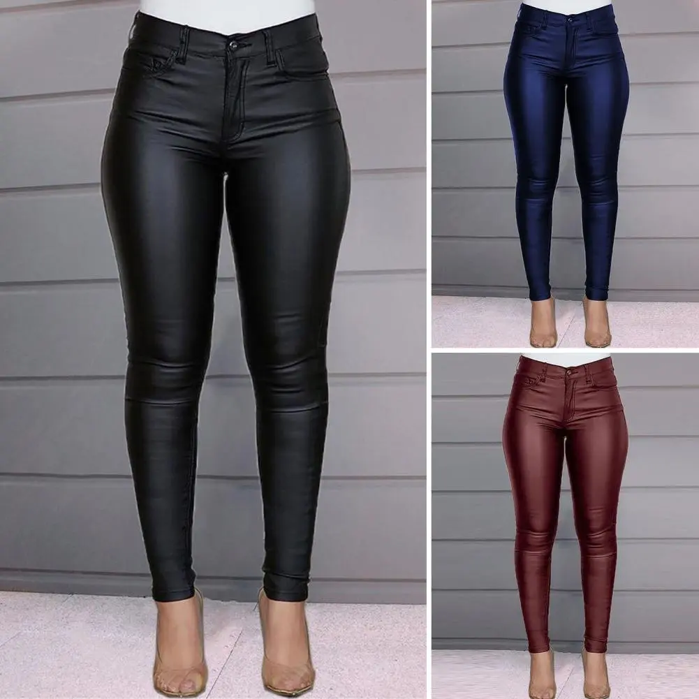 New Women PU Leather Pants High Waist Skinny Push Up Leggings Elastic Trousers Spandex Jeggings Streetwear