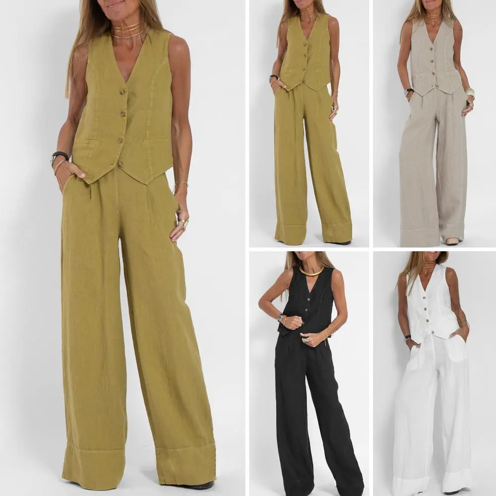Autumn White Linen Two Piece Set For Women 2023 Fashion Sleeveless Tank Top New In Matching High Waist Wide Pants Set