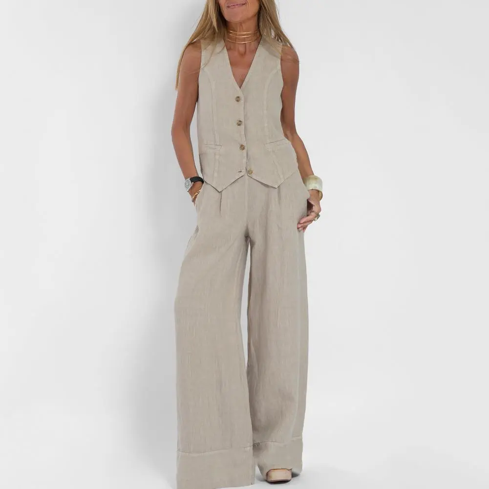 Autumn White Linen Two Piece Set For Women 2023 Fashion Sleeveless Tank Top New In Matching High Waist Wide Pants Set