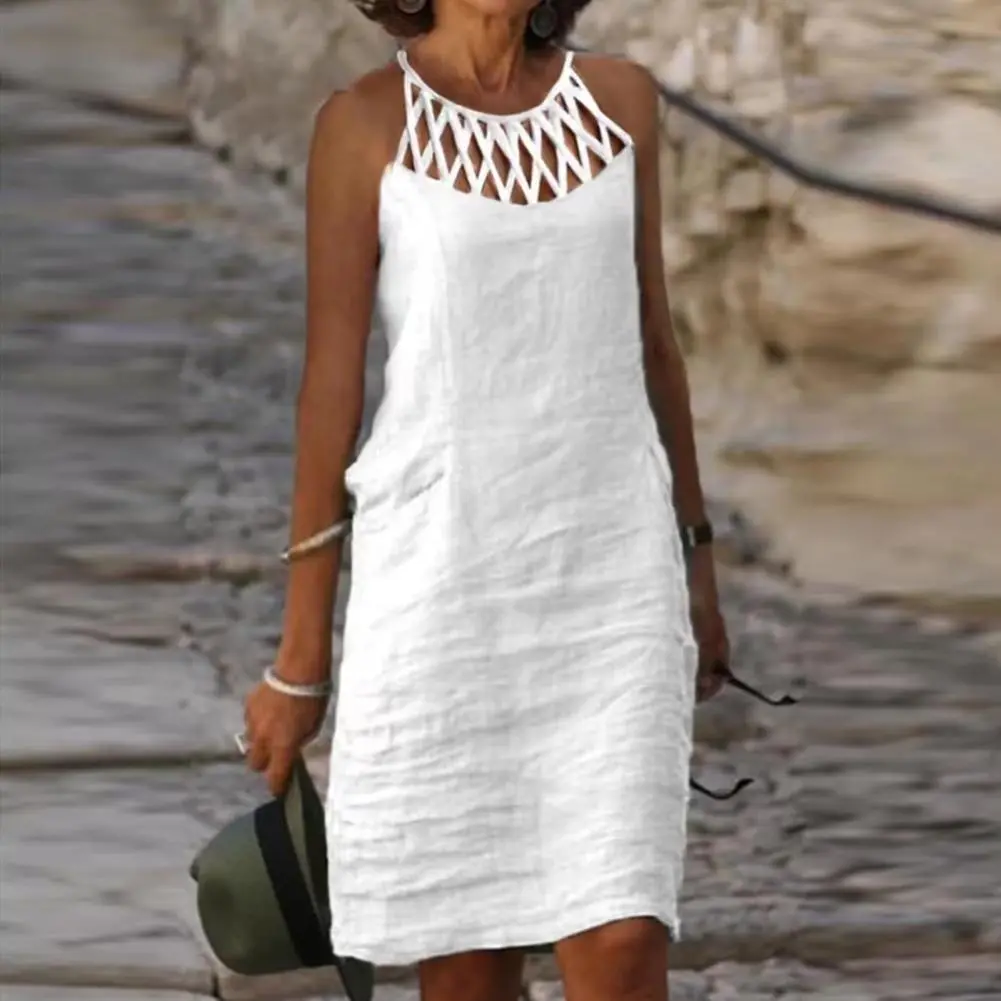 Vintage Dress Cotton Linen Women Clothing Summer Hallow Out Casual Chic Tunic Fashion Oversize Midi White Dresses Vestidos