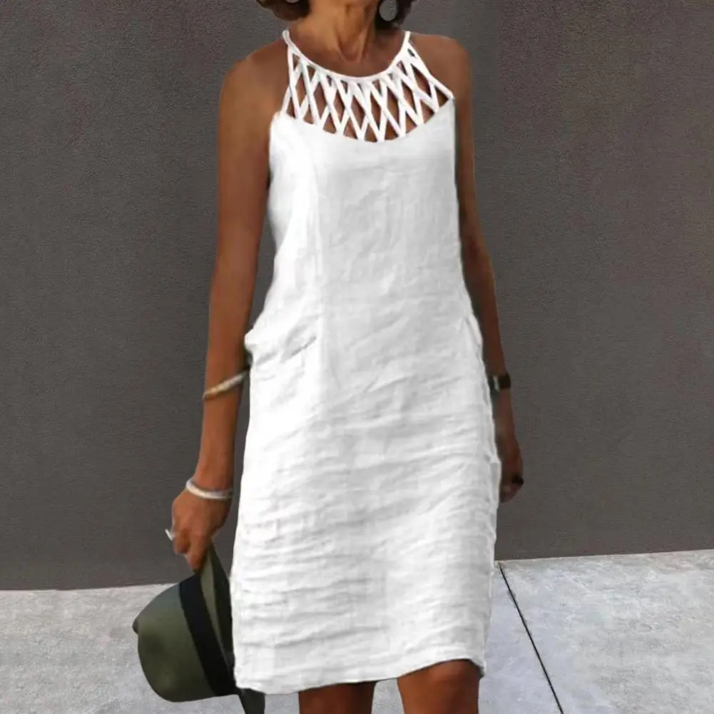 Vintage Dress Cotton Linen Women Clothing Summer Hallow Out Casual Chic Tunic Fashion Oversize Midi White Dresses Vestidos