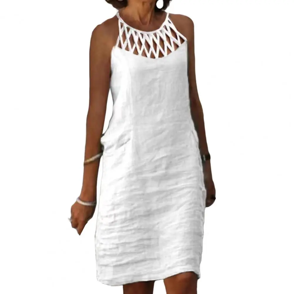 Vintage Dress Cotton Linen Women Clothing Summer Hallow Out Casual Chic Tunic Fashion Oversize Midi White Dresses Vestidos