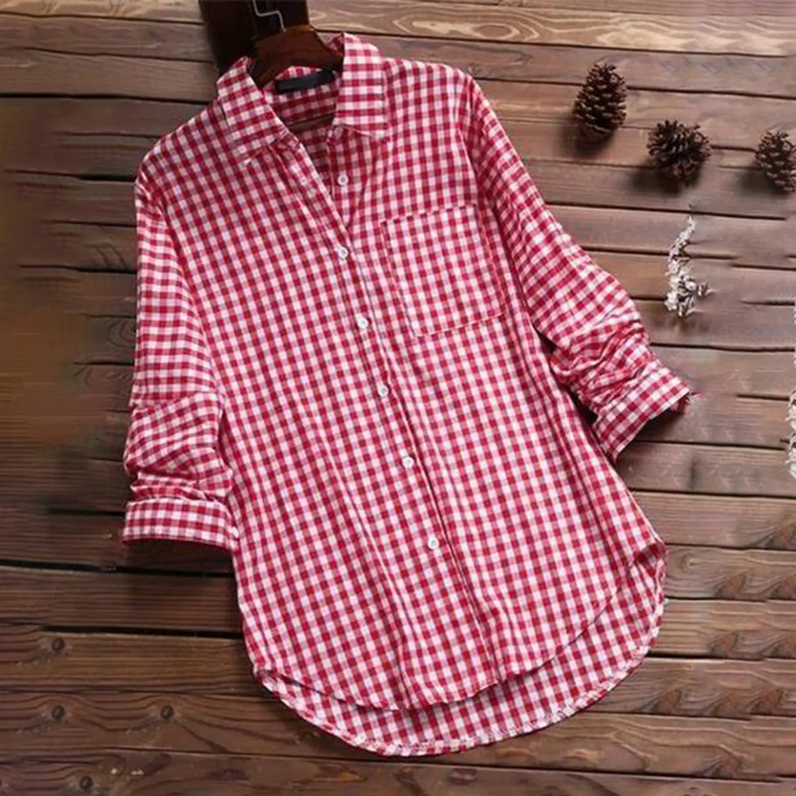 Plaid Women's Spring Fall Cotton Linen Long Sleeves Roll Up Striped Casual V Neck Button Down Shirts Blouses Collar Tunic Tops
