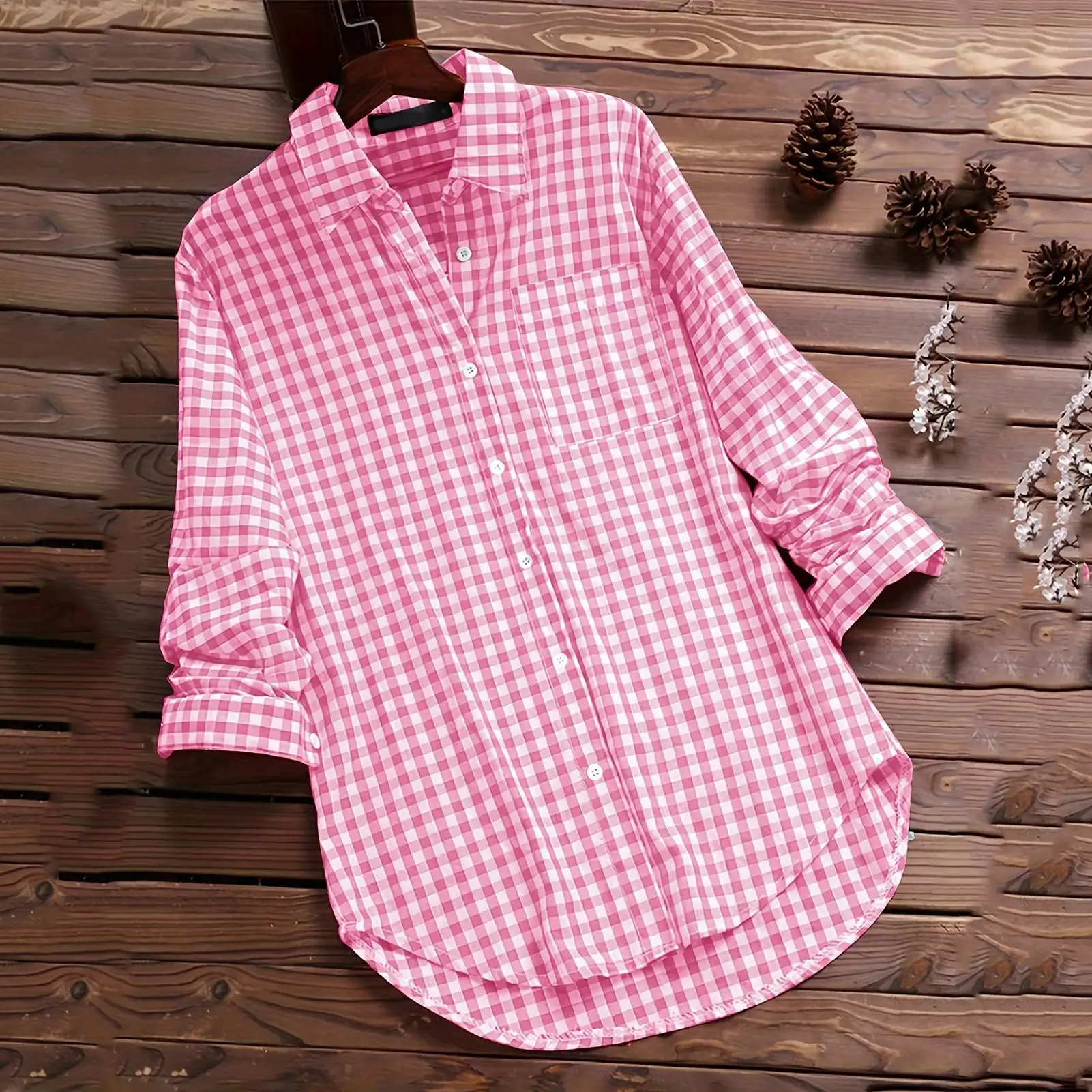 Plaid Women's Spring Fall Cotton Linen Long Sleeves Roll Up Striped Casual V Neck Button Down Shirts Blouses Collar Tunic Tops