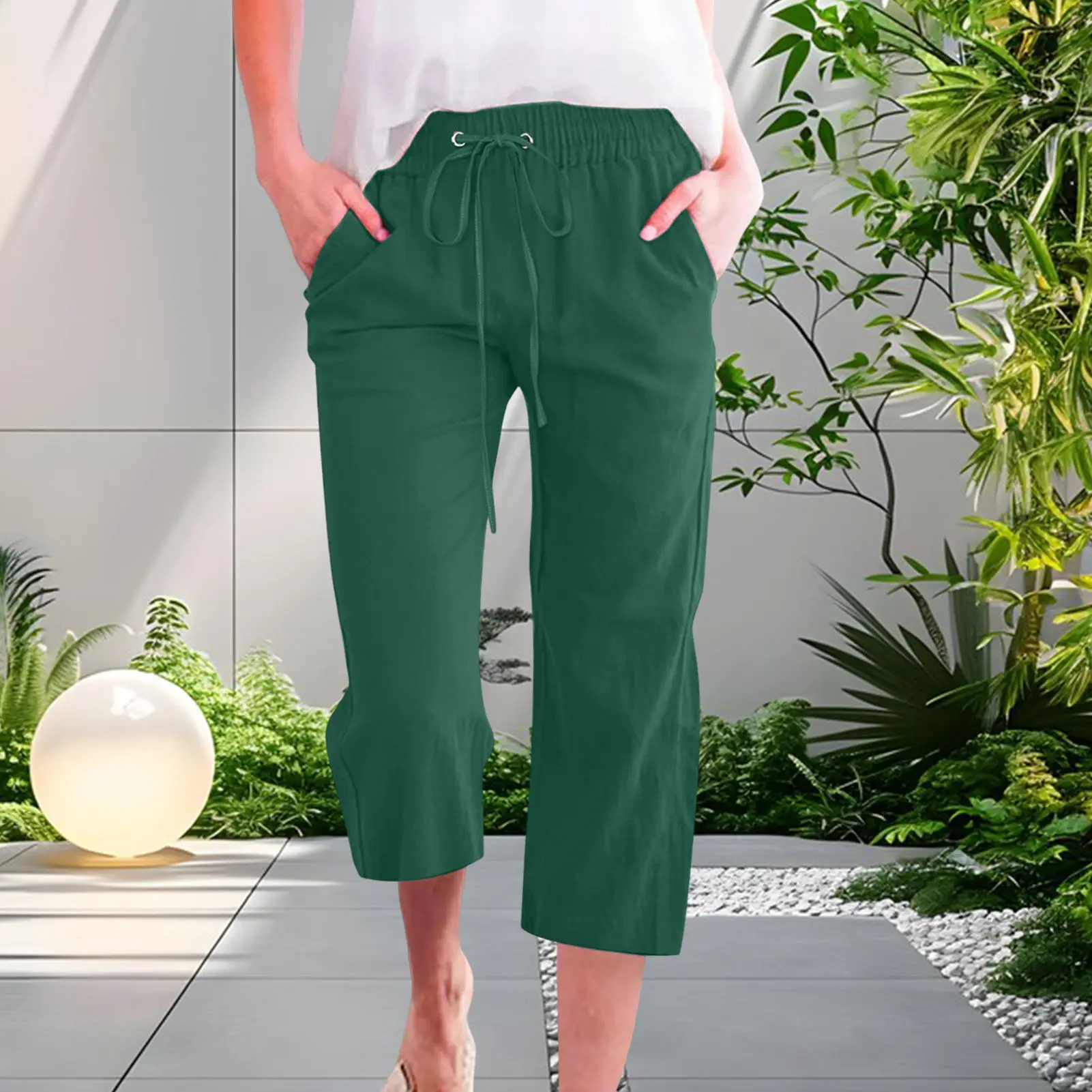 Women Pants Summer Ladies 3/4 Trousers Casual Solid Color Low Rise Drawstring Pockets Sports Pants Shorts For Female