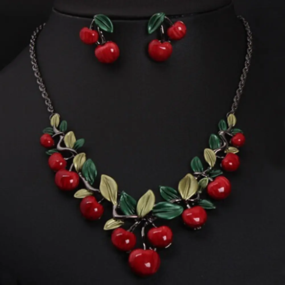3pcs Set Handmade Red Cherry Fruit Necklace Long Pendant Jewelry Vintage Artistic Accessories Chic Bridal Necklace Earrings