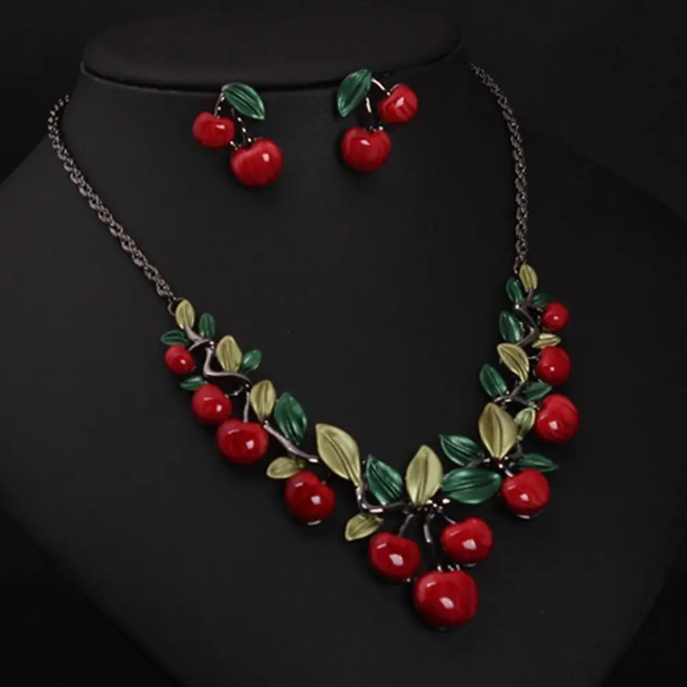 3pcs Set Handmade Red Cherry Fruit Necklace Long Pendant Jewelry Vintage Artistic Accessories Chic Bridal Necklace Earrings