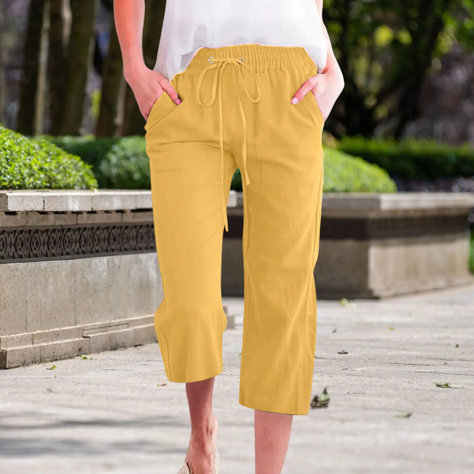 Women Pants Summer Ladies 3/4 Trousers Casual Solid Color Low Rise Drawstring Pockets Sports Pants Shorts For Female