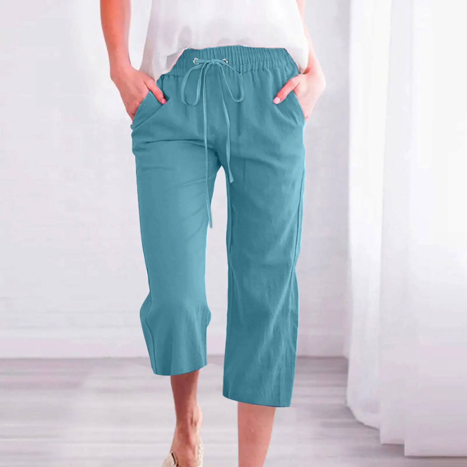 Women Pants Summer Ladies 3/4 Trousers Casual Solid Color Low Rise Drawstring Pockets Sports Pants Shorts For Female