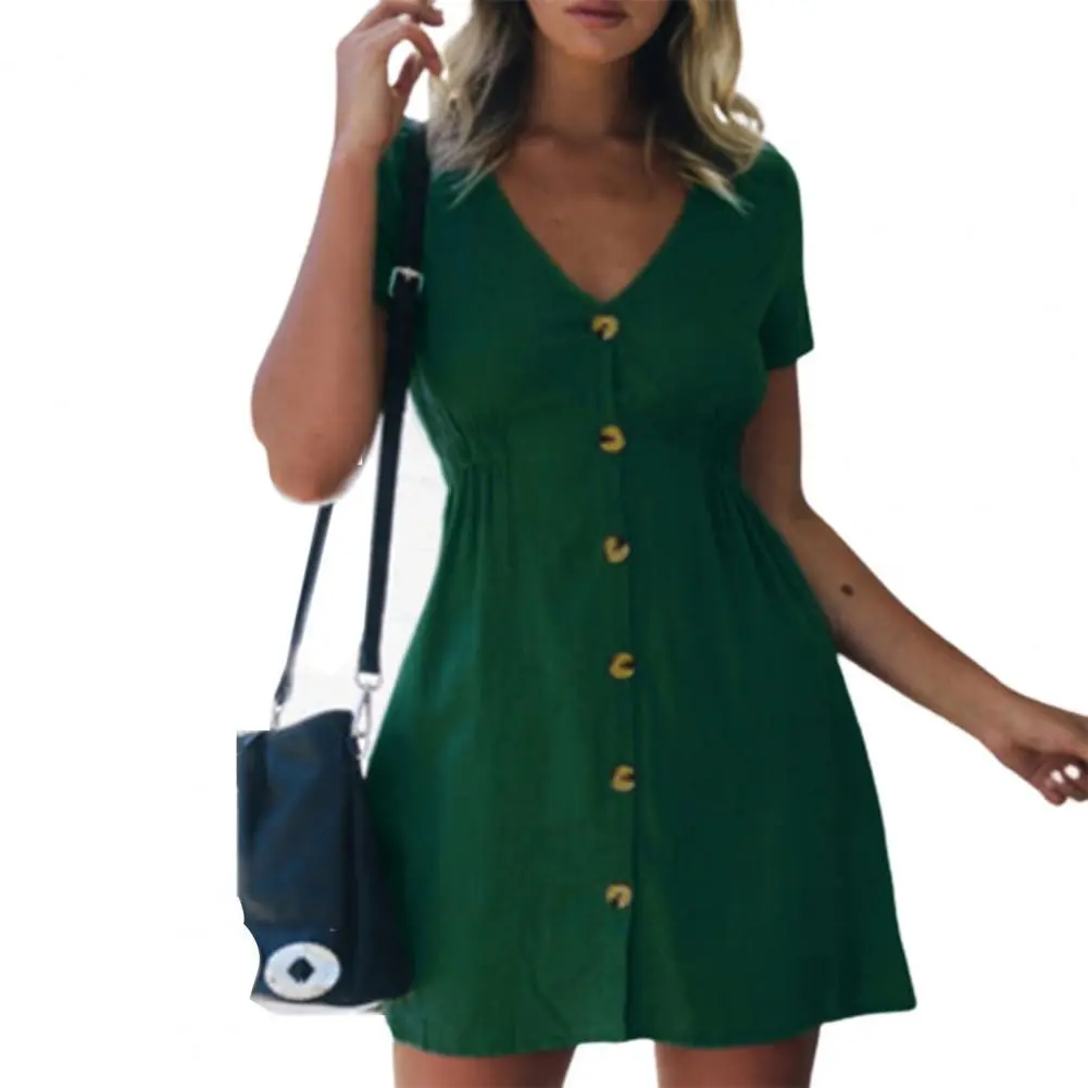 In Europe and the spring and summer independent stand v-neck button small broken loose women's leisure dress with short