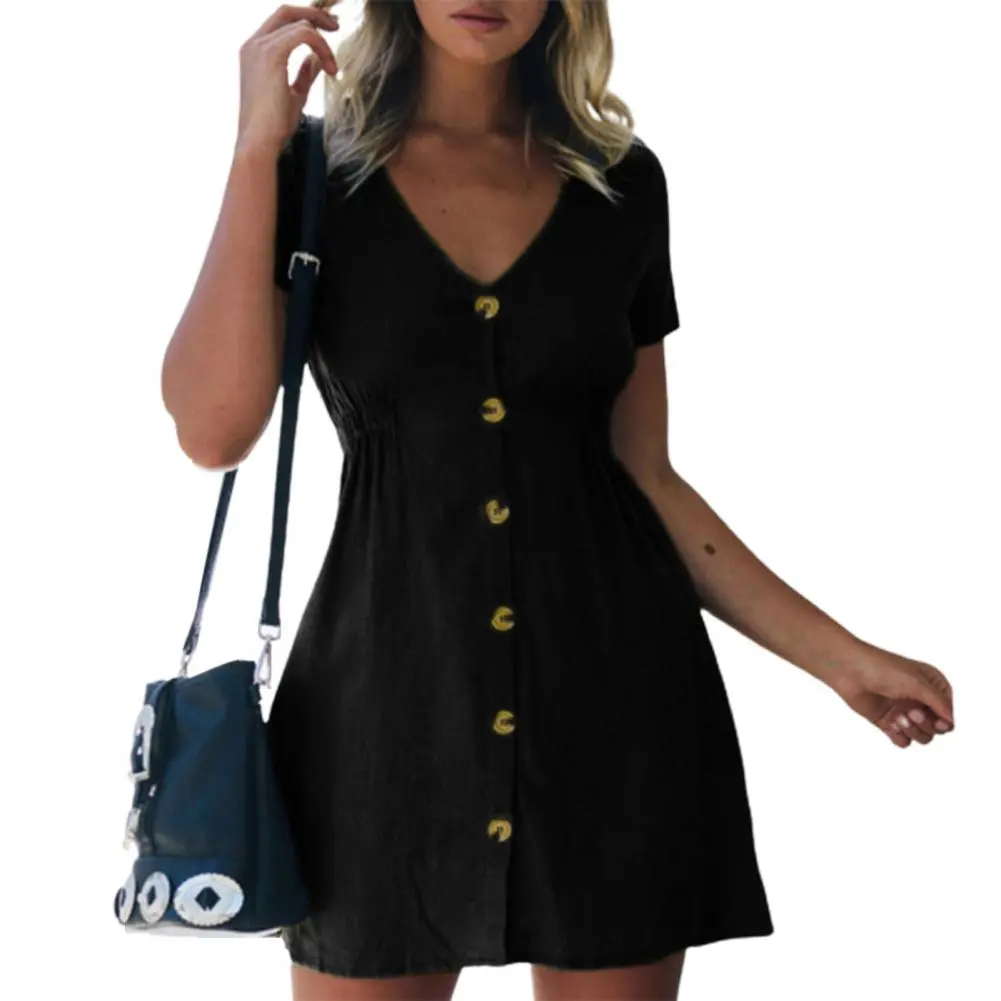 In Europe and the spring and summer independent stand v-neck button small broken loose women's leisure dress with short