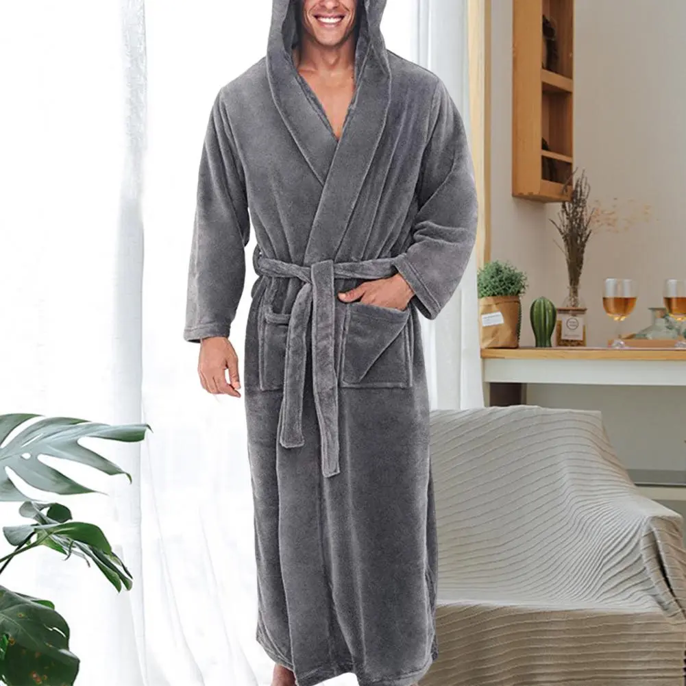 Cozy Plus Size Waist Lace-up Open Stitch Winter Warm Hooded Long Fleece Home Gown Sleepwear Robe Pajamas Anti-freeze