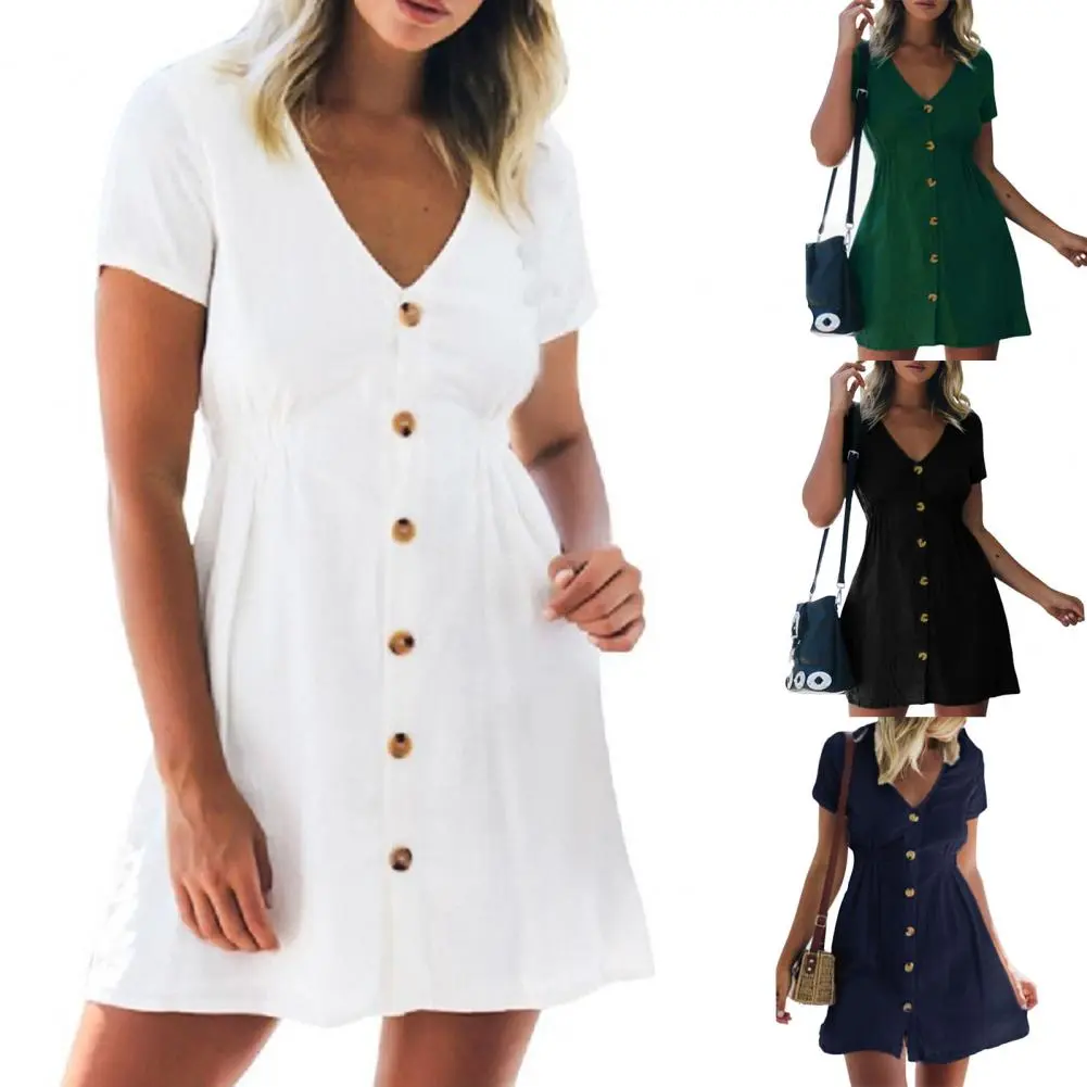 In Europe and the spring and summer independent stand v-neck button small broken loose women's leisure dress with short