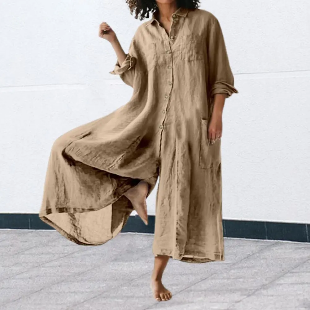 Summer Women Jumpsuit Casual Loose Long Sleeve Oversize Solid Midi Jumpsuit Cotton Linen Dresses for Women Vestidos De Mujer