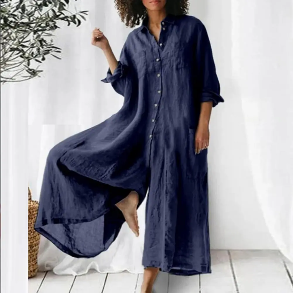 Summer Women Jumpsuit Casual Loose Long Sleeve Oversize Solid Midi Jumpsuit Cotton Linen Dresses for Women Vestidos De Mujer